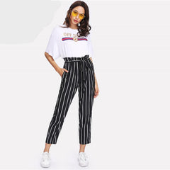 Self Belt Striped Pants